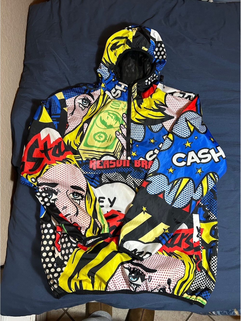 Reason Graphic Pop Art Style Hooded Windbreaker Jacket Large